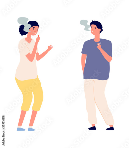 Smoking couple. Man woman with cigarretes. Isolated people with nicotine drug addiction. Flat smokers characters, vector smoke man and woman, character with bad addiction illustration
