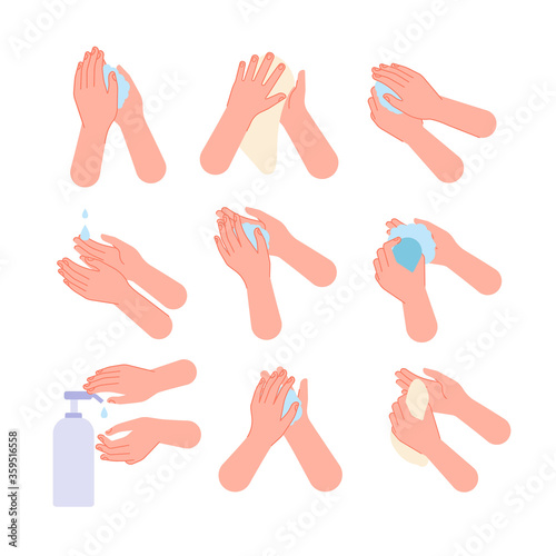 Hand hygiene. Hands washing steps liquid soap, using sanitizer and wipes. Healthy life, medical disinfection sanitation vector illustration. Cleansing procedure information, healthy hygiene wash