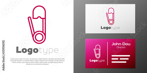 Logotype line Classic closed steel safety pin icon isolated on white background. Logo design template element. Vector Illustration.