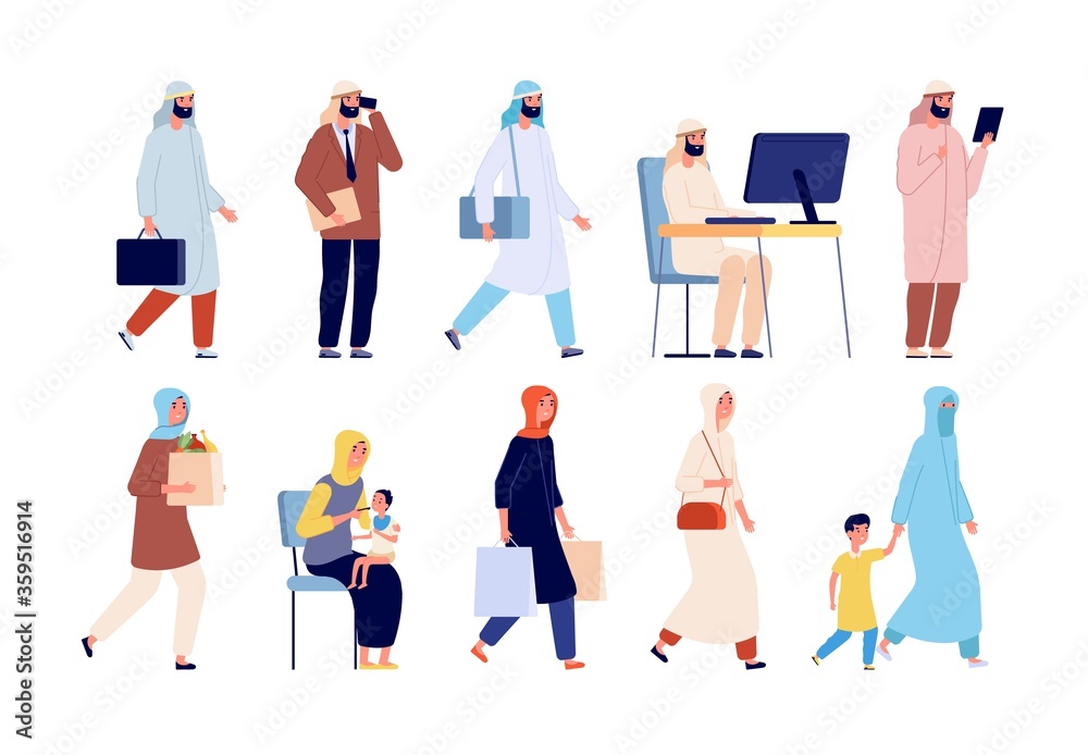 Arab characters. Saudi business people, muslim woman man group. Isolated islam person wears traditional arabian clothing vector illustration. Family arab character, business father and woman child