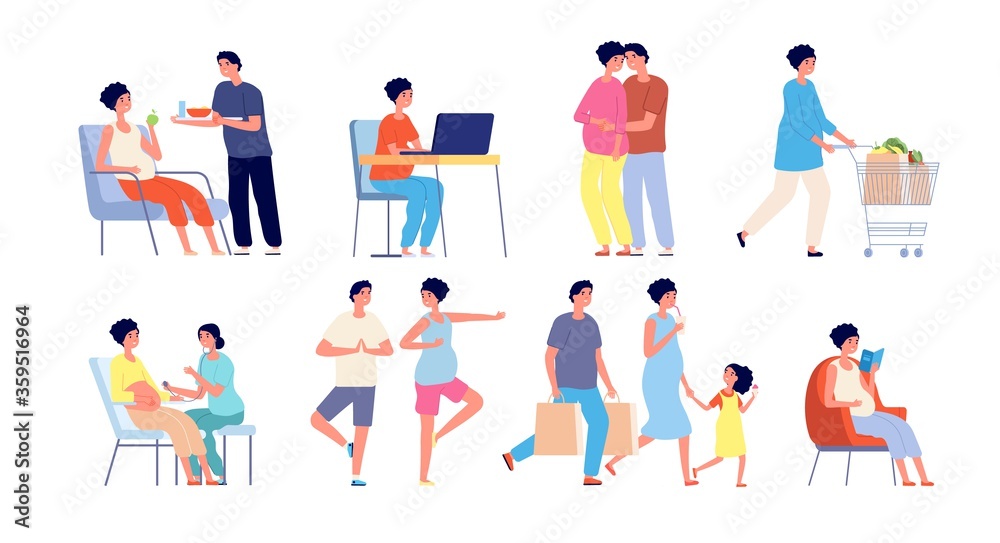 Pregnant couple. Relaxing yoga, pregnancy stretching gymnastics poses. Waiting baby daily routine, happy husband hugging wife vector set. Pregnant woman, couple expecting baby illustration Pregnant couple. Relaxing yoga, pregnancy stretching gymnastics poses. Waiting baby daily routine, happy husband hugging wife vector set. Pregnant woman, couple expecting baby illustration
