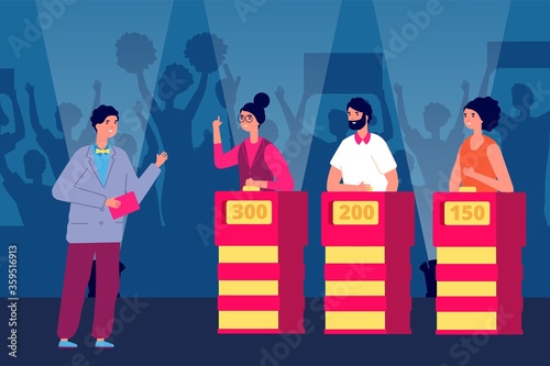 Quiz show. Trivia game, show man and tv gaming participant. Flat competition program winner, question television puzzle vector illustration. Tv contest quiz show, question competition photo