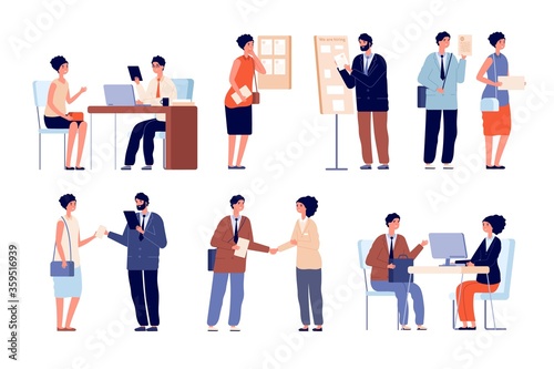 Hr employer interview. Business team and office worker. Seekers with cv application and recruitment service. Lawyer consultation vector set. Job career interview, employer and employee illustration