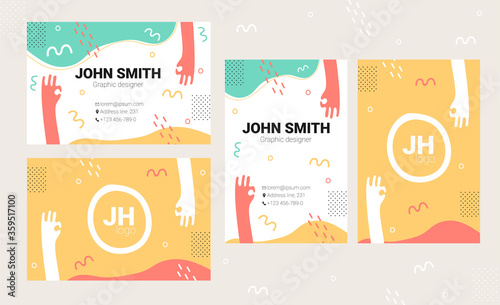 Colorful, eye catching business name card design. Different hand drawn shapes, lines and hands. Unusual, creative business card design template. Horizontal and vertical card variations. Bright colors