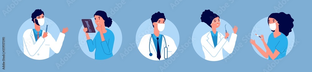 Doctors nurses avatars. Medical staff, healthcare hospital team in protective masks. Therapist, surgeon and dentist. People in clinic, emergency vector illustration. Avatar nurse, surgeon specialist Doctors nurses avatars. Medical staff, healthcare hospital team in protective masks. Therapist, surgeon and dentist. People in clinic, emergency vector illustration. Avatar nurse, surgeon specialist