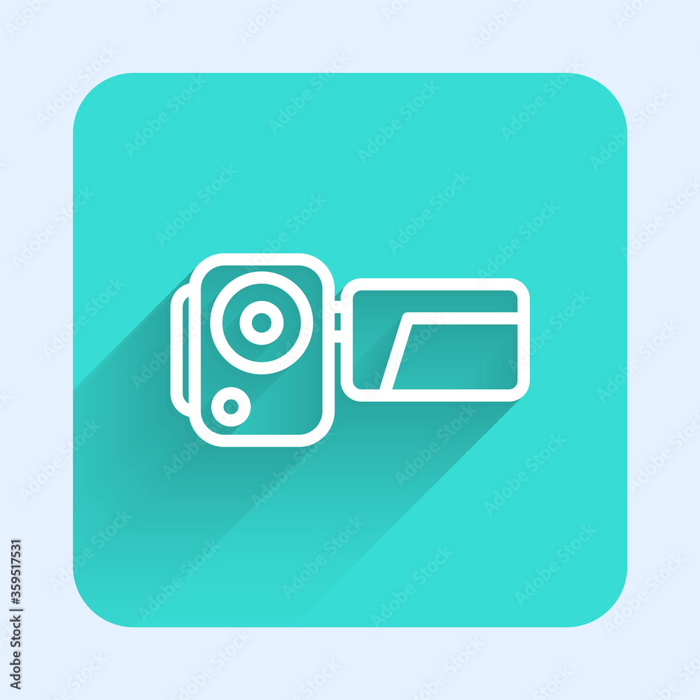 White line Cinema camera icon isolated with long shadow. Video camera. Movie sign. Film projector. Green square button. Vector Illustration. White line Cinema camera icon isolated with long shadow. Video camera. Movie sign. Film projector. Green square button. Vector Illustration.