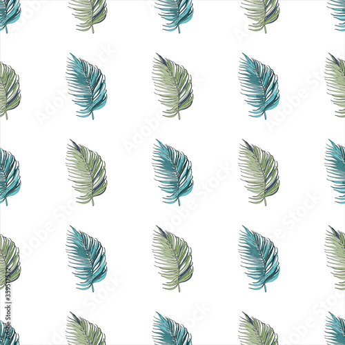 Floral seamless pattern  green palm leaves on a pale pink background.
