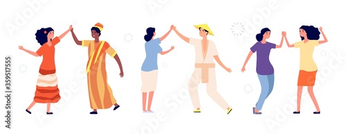 People greetings. Happy couples high five together. Hello, international friends meeting. Students, friendship or business partners rejoice in success vector illustration. People greeting and happy