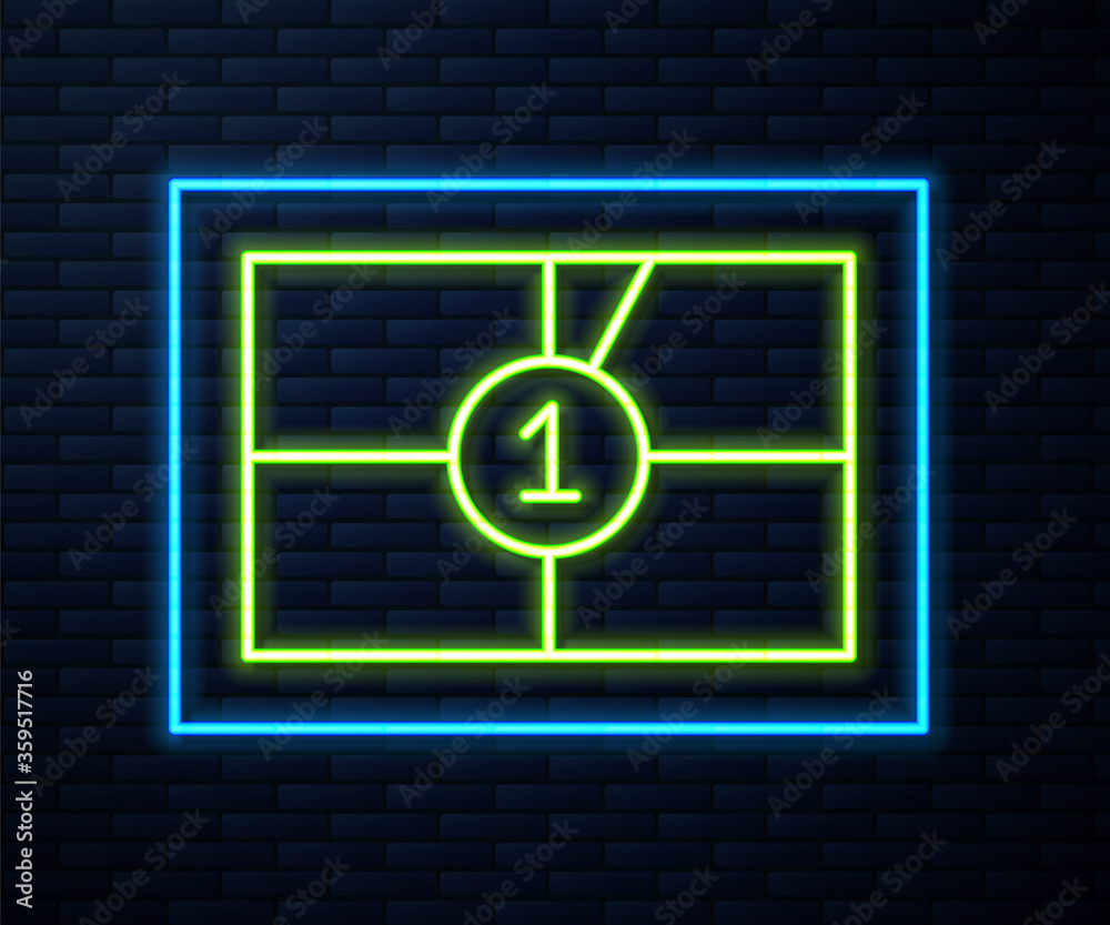 Glowing neon line Old film movie countdown frame icon isolated on brick wall background. Vintage retro cinema timer count. Vector Illustration. Glowing neon line Old film movie countdown frame icon isolated on brick wall background. Vintage retro cinema timer count. Vector Illustration.