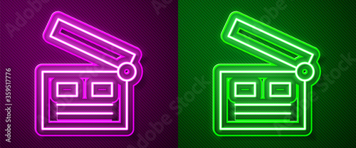 Glowing neon line Movie clapper icon isolated on purple and green background. Film clapper board. Clapperboard sign. Cinema production or media industry. Vector Illustration.