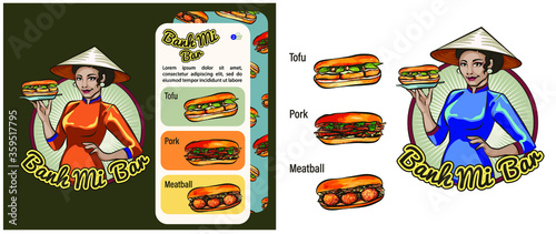 Banh Mi colorful illustration. Vector illustration of Vietnamese cuisine. APP for the phone, design and layout for your business. Banh Mi is Vietnam's baguette sandwich with greens and fillings of cho
