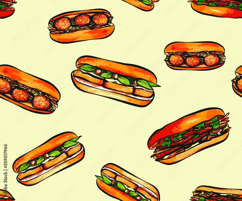 Takeaway banh mi seamless pattern background. Vietnamese style of