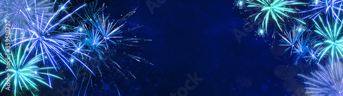 FIREWORK background banner panorama - Colorful blue turquoise festive firework in summer party / silvester, isolated on dark blue texture, with copy space