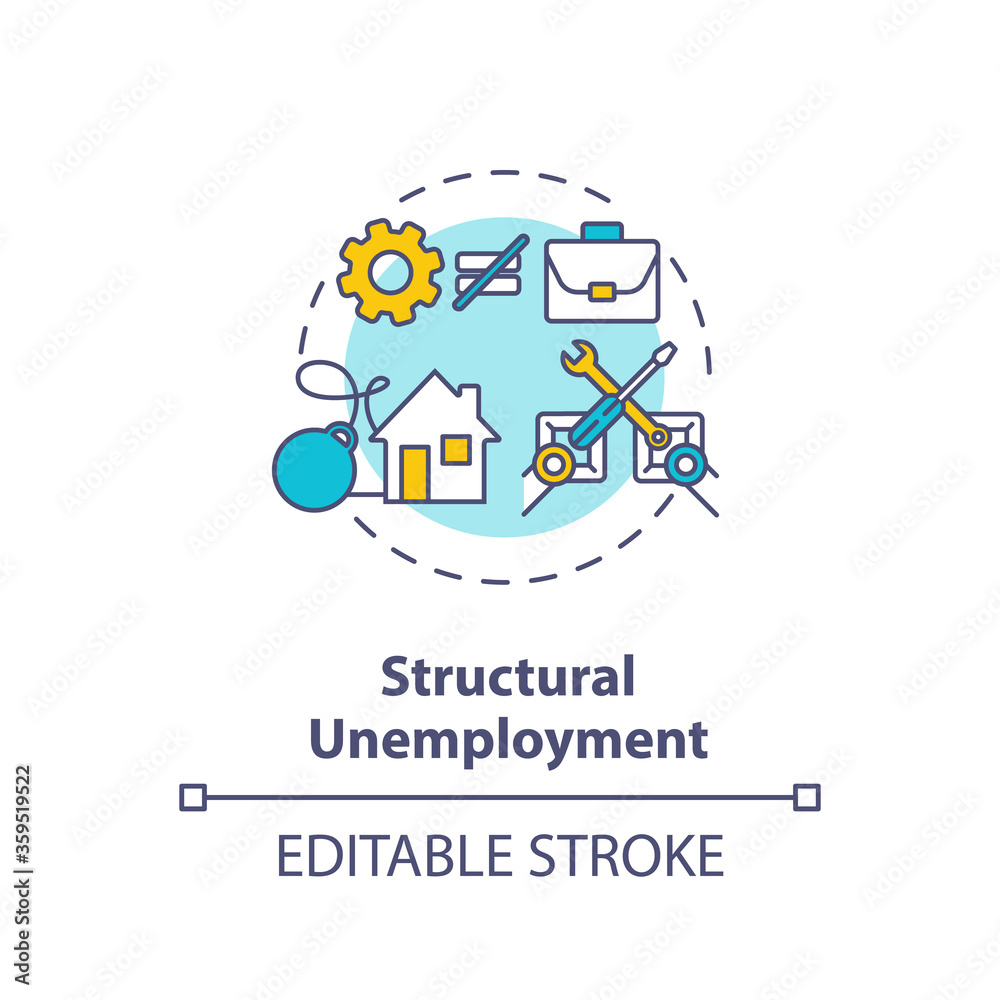 Structural unemployment concept icon. Loss of job because of technology innovation. Social economic issue idea thin line illustration. Vector isolated outline RGB color drawing. Editable stroke