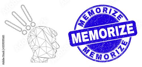 Web mesh test head icon and Memorize stamp. Blue vector rounded scratched watermark with Memorize title. Abstract frame mesh polygonal model created from test head icon.