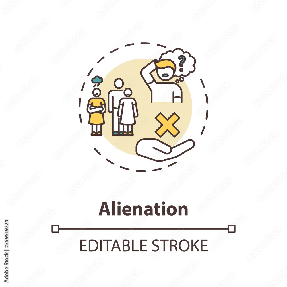Alienation concept icon. Problem with individual integration in society. Human interaction. Social isolation idea thin line illustration. Vector isolated outline RGB color drawing. Editable stroke Alienation concept icon. Problem with individual integration in society. Human interaction. Social isolation idea thin line illustration. Vector isolated outline RGB color drawing. Editable stroke