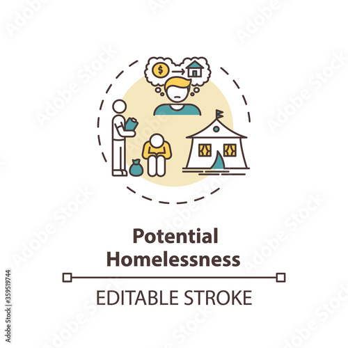 Potential homelessness concept icon. Unemployment problem. Crisis in economy. Jobless person. Social issue idea thin line illustration. Vector isolated outline RGB color drawing. Editable stroke