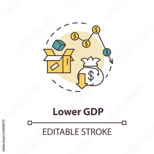 Lower GDP concept icon. Negative unemployment outcome. Financial loss. Decrease in economy. Social issue idea thin line illustration. Vector isolated outline RGB color drawing. Editable stroke