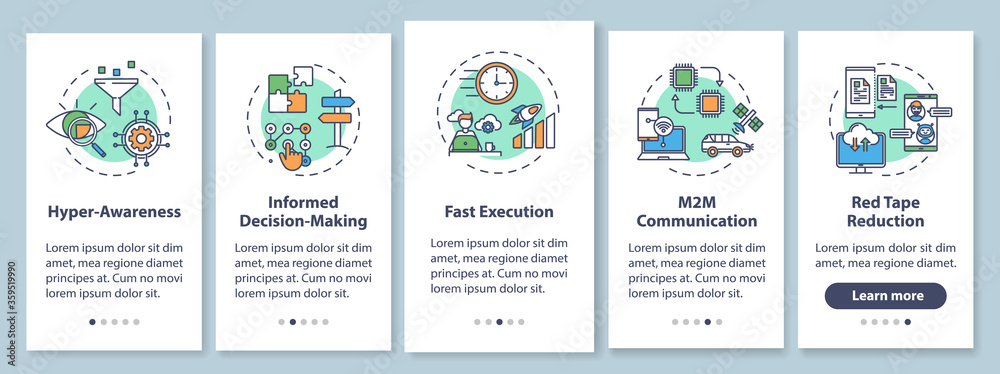 Business agility onboarding mobile app page screen with concepts. M2M connection. Company improvement walkthrough 5 steps graphic instructions. UI vector template with RGB color illustrations
