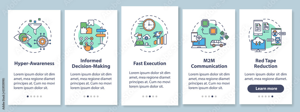 Naklejka premium Business agility onboarding mobile app page screen with concepts. M2M connection. Company improvement walkthrough 5 steps graphic instructions. UI vector template with RGB color illustrations