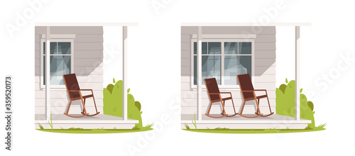 Empty patio with armchairs semi flat RGB color vector illustration set. Farmhouse exterior with furniture for recreation. Porch with chairs isolated cartoon object on white background