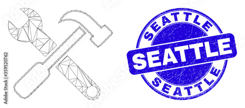 Web mesh tools icon and Seattle watermark. Blue vector rounded grunge watermark with Seattle title. Abstract carcass mesh polygonal model created from tools icon.