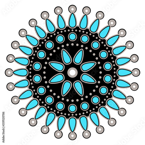 Abstract round decor or mandala. Ethnic art of Native American Zuni Pueblo Indians. Traditional turquoise jewelry design.  Isolated vector illustration. 