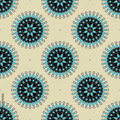 Seamless geometrical pattern with abstract round mandalas. Ethnic art of Native American Zuni Pueblo Indians. Traditional turquoise jewelry design.