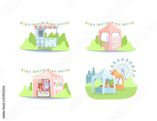 Street market stands semi flat RGB color vector illustrations set. Ice cream, popcorn and toys selling kiosks isolated cartoon objects on white background. Fair tents with food and souvenirs pack