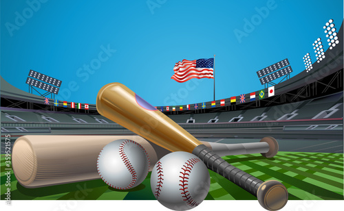 Baseball bat and balls on the stadium