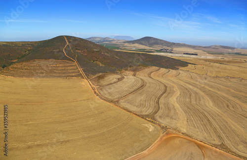 Cape Town, Western Cape / South Africa - 11/06/2017: Aerial photo of agricultural fields with Table Mountain in the background