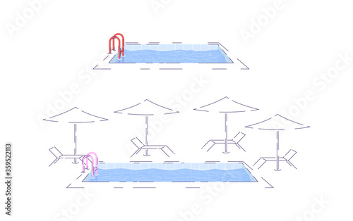 Swimming pool semi flat RGB color vector illustrations set. Summer party, recreation at luxury hotel. Water pool, umbrellas and deck chairs isolated cartoon objects pack on white background