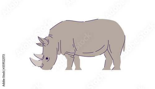 African rhino eating semi flat RGB color vector illustration. Indonesian wildlife mammal. Safari conservation endangered creature. Wild animal isolated cartoon character on white background