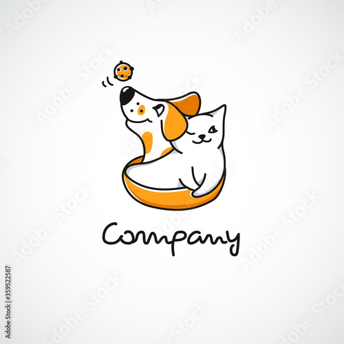 Logo with smiling cartoon cat and dog. Logotype for pet shop, animal shelter or veterinary. Happy mascots or cute characters with ball toy. Editable stroke. Vector illustration