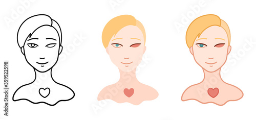 Portrait of girl without eye in different styles set. Body positive.