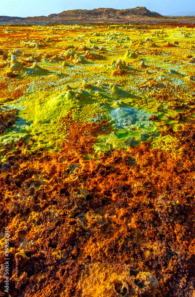 Colorful ponds of Dallol desert close up