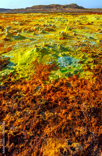 Colorful ponds of Dallol desert close up