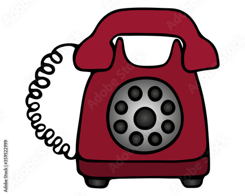Landline telephone. Color vector illustration. A device for receiving and transmitting sound at a distance. The device with a disk dialer on an isolated white background. Retro model of red color. 