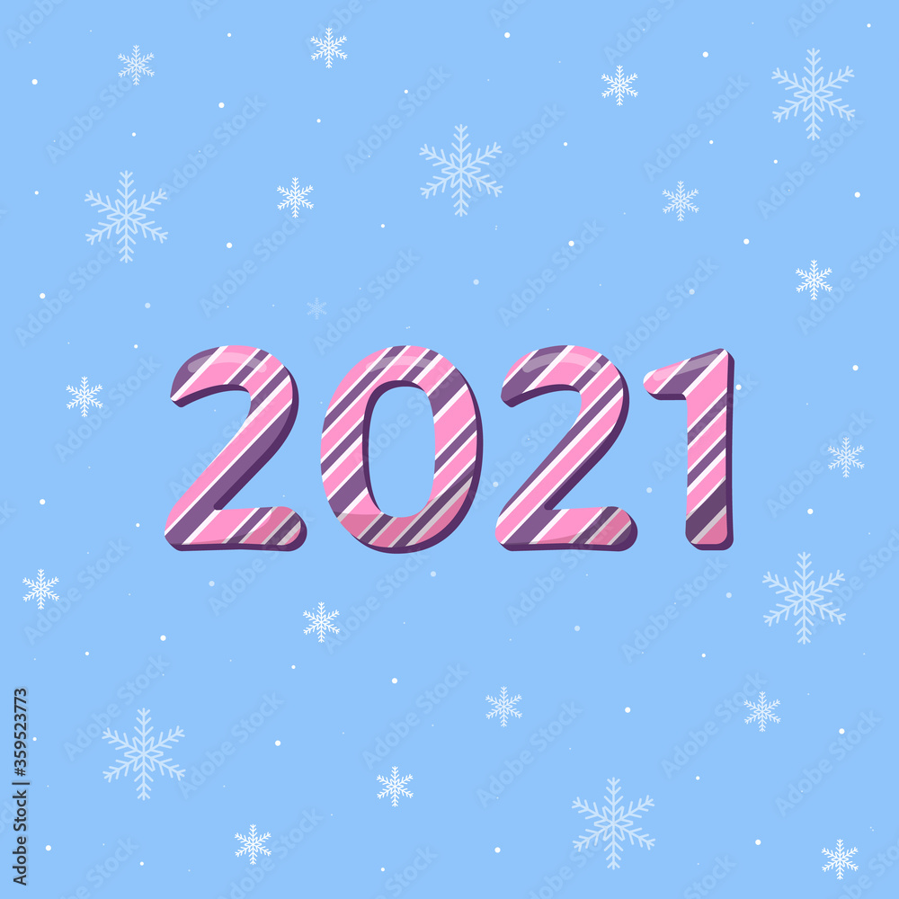 Happy new year 2021 candy text effect. Vector illustration. Blue background.