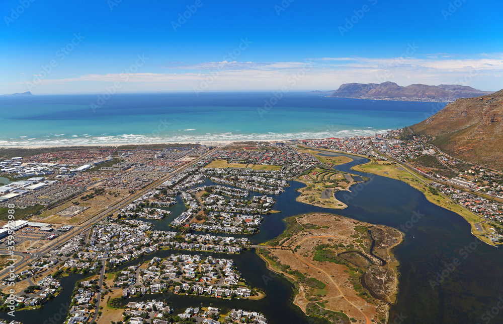 Cape Town, Western Cape / South Africa - 02/13/2018: Aerial photo of Sandvlei with Muizenberg in the background