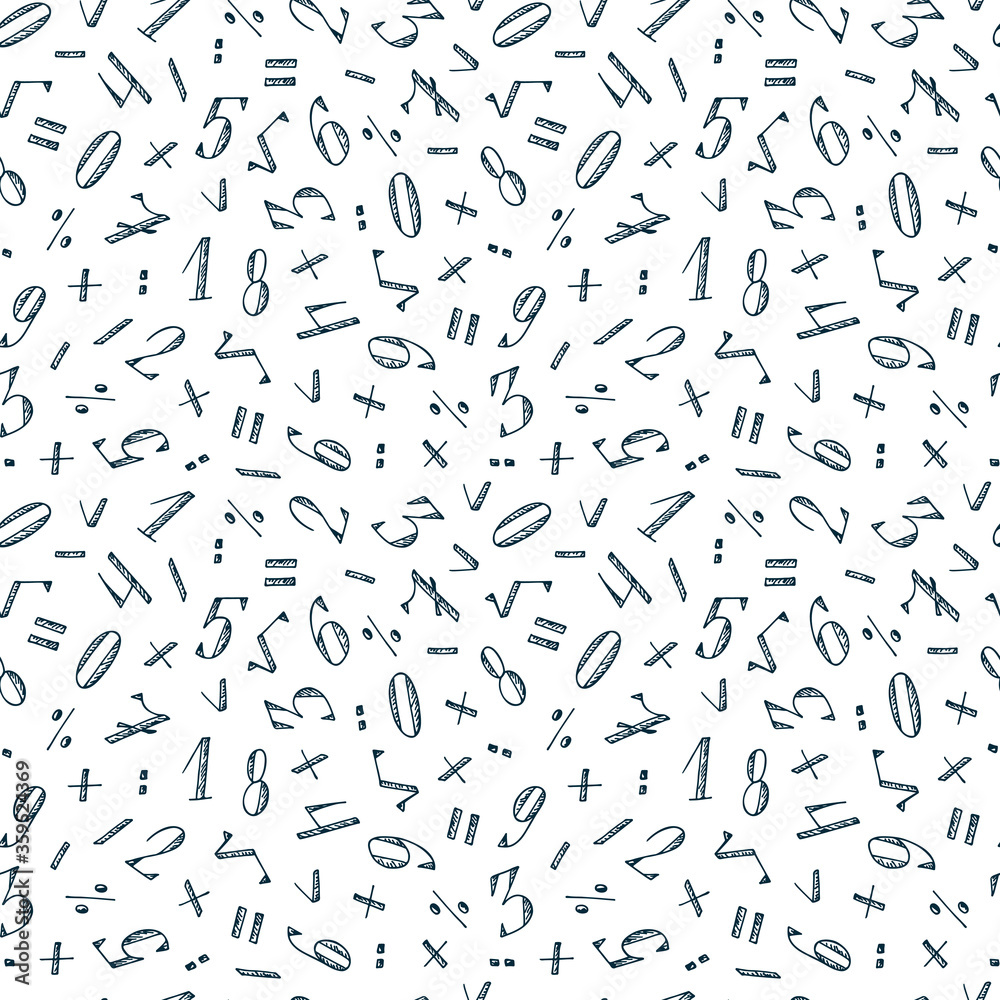 Vector seamless pattern of numbers. Mathematical background. Hand Drawn Doodles illustration
