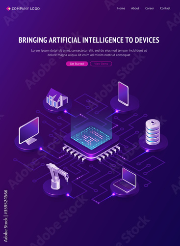 Artificial intelligence isometric landing page, Ai smart devices around of circuit processor chip, internet of things, digital technologies for gadgets and home, iot, robotization 3d vector web banner