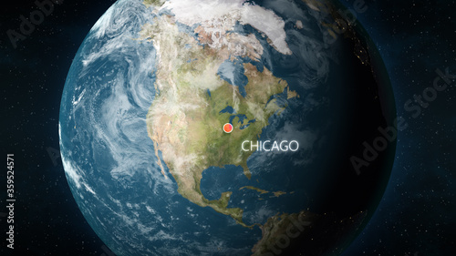 3D illustration depicting the location of Chicago, Illinois in the United States of America, on a globe seen from space.