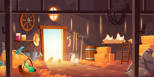 Barn on farm with chickens, straw and hay. Vector cartoon interior of old wooden shed with hen nests, haystack, fork, garden tools, bags and pumpkin. Rural barnhouse for storage harvest