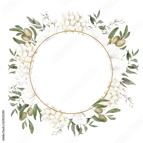 Frame with watercolor hand draw flowers  leaves and branches of olives  isolated on white background