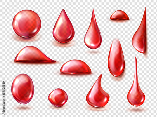 Red drops of red water, wine or blood isolated on transparent background. Vector realistic mockup of liquid drips of strawberry or cherry juice, fruit drink, clear ruby bubbles