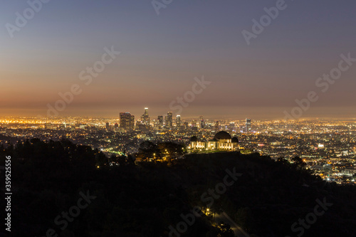Dusk view of downtown Los Angeles from Mt Hollywood in scenic Griffith Park.