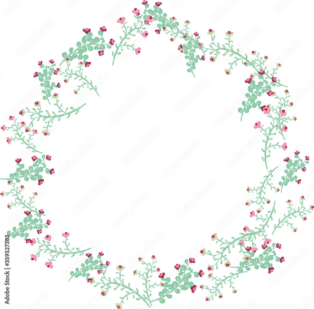 Delicate floral wreath vector illustration. Summertime placement print with copy space inside. For cards, tags, labels, frames, and embellishments.