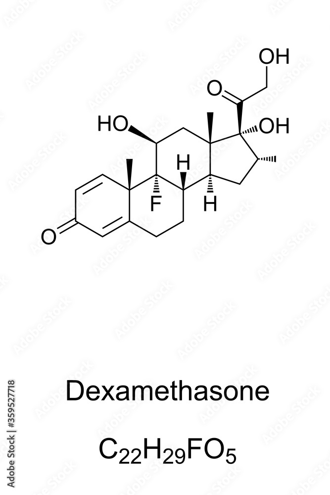 Dexamethasone. Chemical structure. Corticosteroid medication. Treatment of rheumatic problems, skin diseases, allergies, asthma, chronic lung disease, brain swelling and eye pain. Illustration. Vector