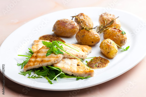 Still lifegrilled cod with potatoes
